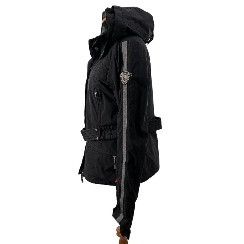 Bogner Fire Ice Ski Snowboard Black Gray Jacket Coat Sizeā 8 Hooded Belted Patch